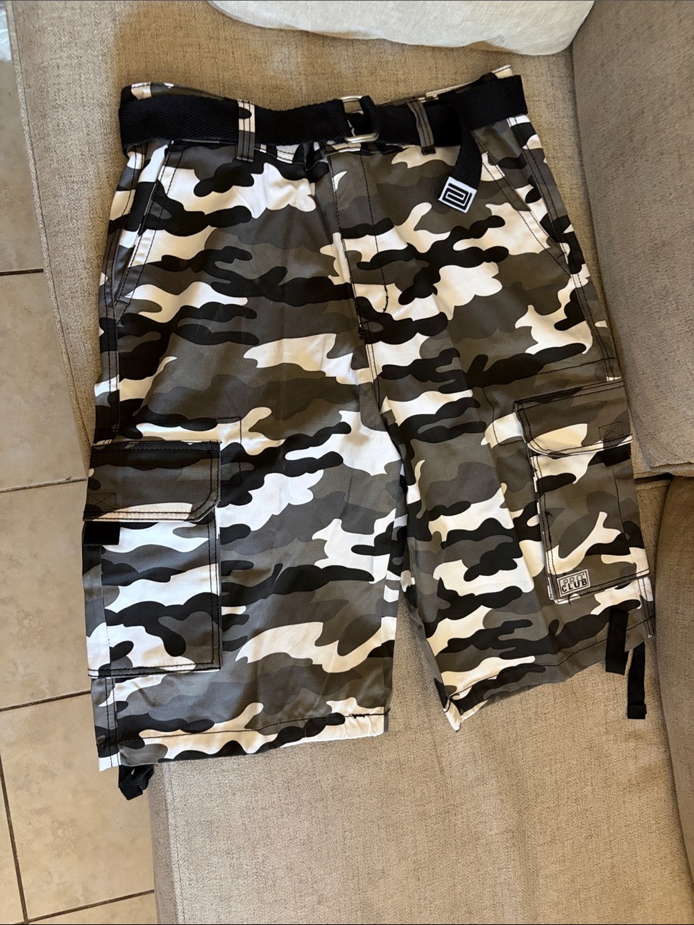 Men's Cargo Shorts - Black & White Camo with Belt